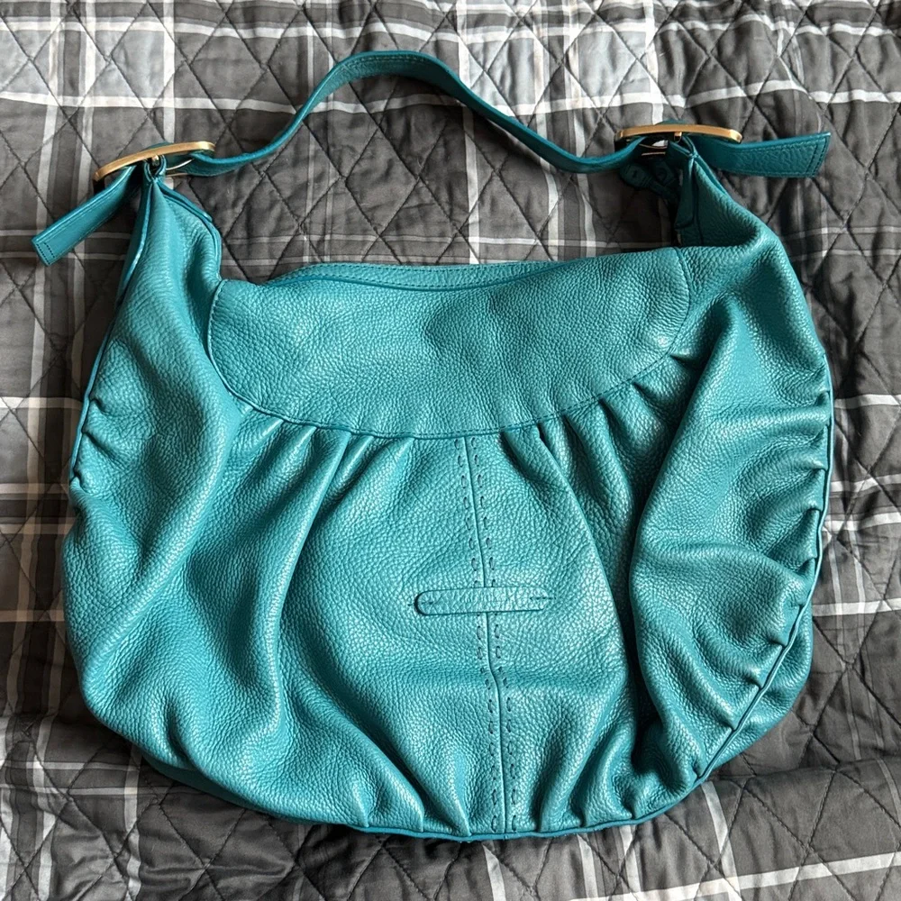 Cole Haan Rouched Large Hobo Turquoise Peacock Blue Pebbled Leather